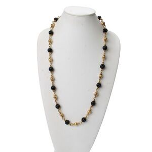 Designer Womens 18K Gold Onyx Carved Bead Station Necklace 32" 139.7g
